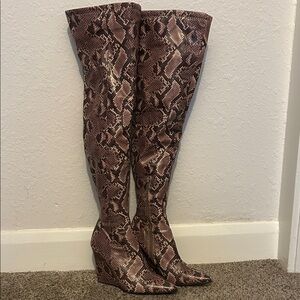 Brown Snake-Print Knee High Wedge Boots - Women